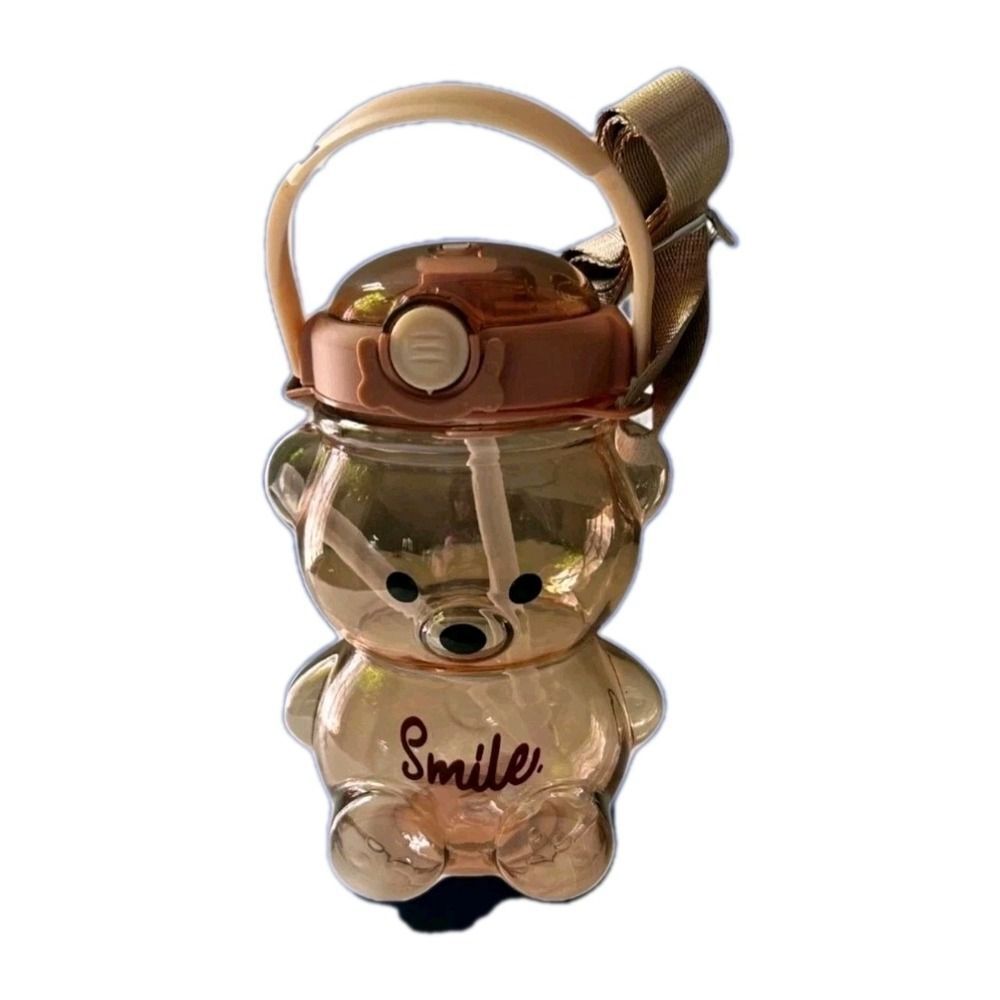 Kawaii Bear Water Bottle 34oz w/ Straw Strap Phone Holder Brown Kidcore Jug NWT